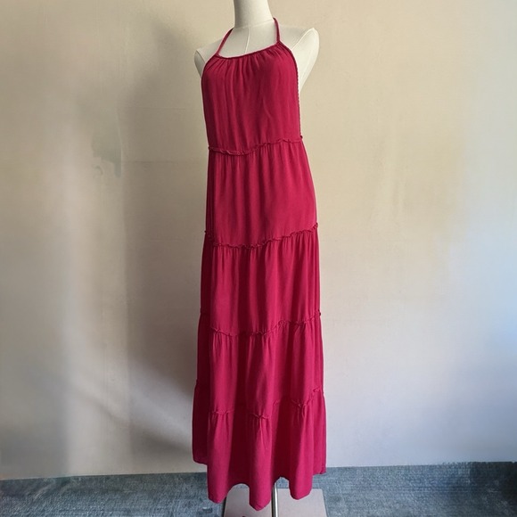 Slate & Willow Dresses & Skirts - Slate & Willow Dark Pink Maxi Halter Tiered Dress Size XS Open Back Lined